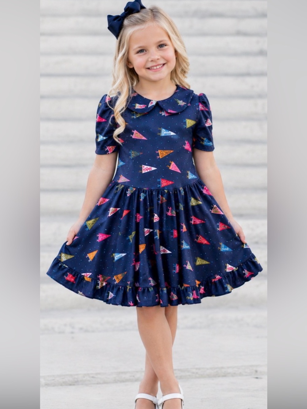 Girlhood Size 5 Navy Blue Twirl Dress Peter Pan Collar Colorful Pennant Print